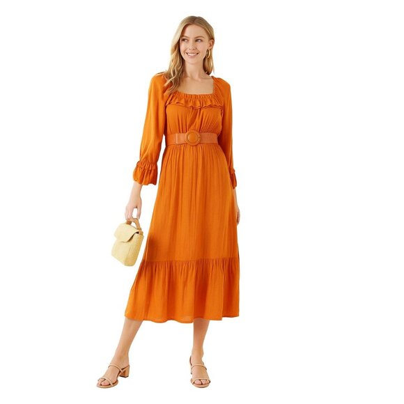 NICHOLAS Ruffled Linen Midi Dress 0 Orange - Picture 1 of 13